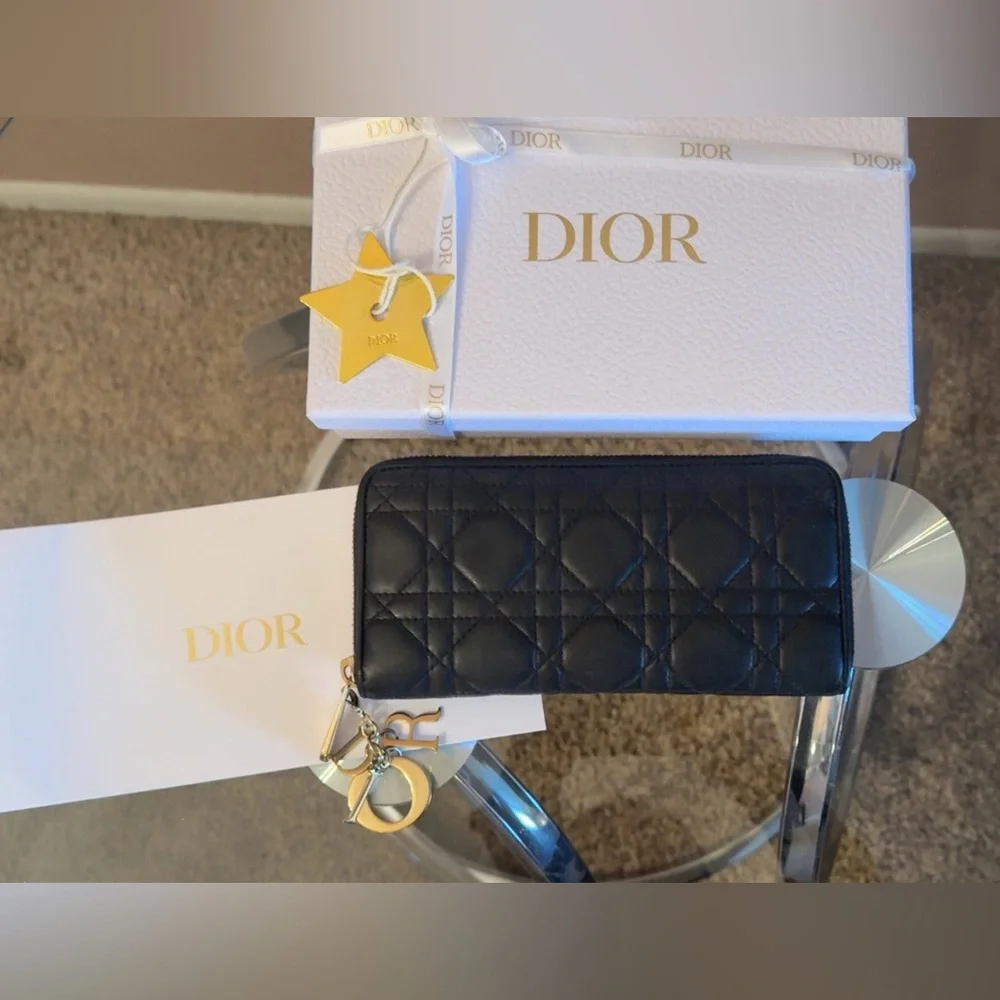 Dior Large Lady Dior Voyageur Black Quilted Lambskin Wallet with Gold Charm